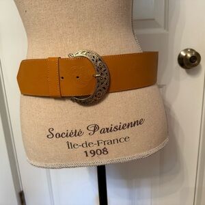 AXCESS BELT ACORN BRITISH TAN BROWN LEATHER EMBOSSED GOLD FLORAL BUCKLE L ITALY